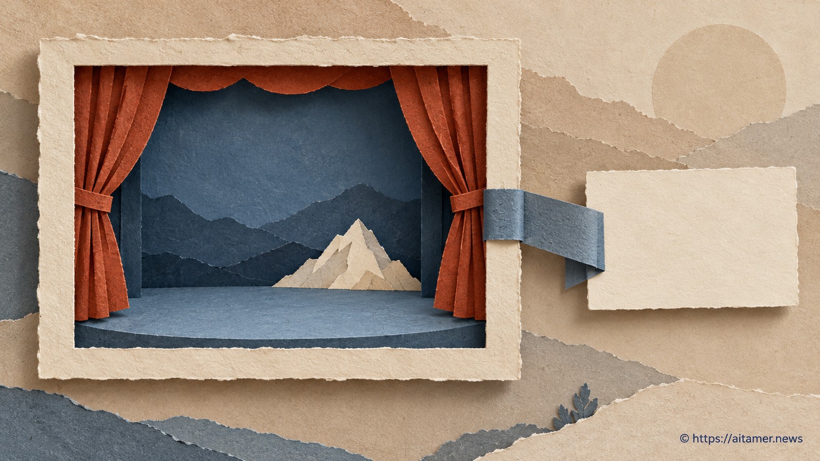 A staged paper mountain picture links by blue provenance ribbon to a blank cream record card.
