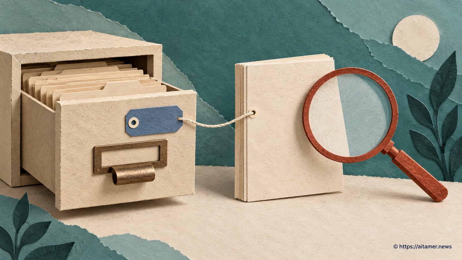 A blue identifier tag links an archive record to a cream booklet, with a separate rust reading lens ready to inspect it.
