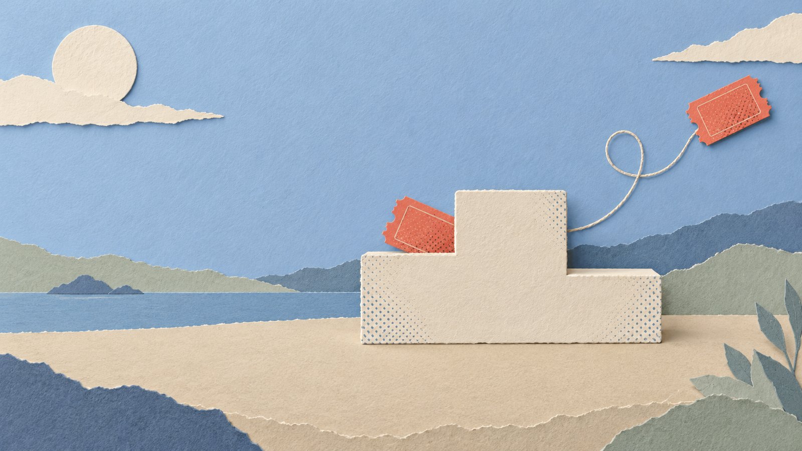A layered paper-cut podium with a hidden entry ticket and looping duplicate token, in a calm palette of blue, coral, cream, sand, sage, and slate.