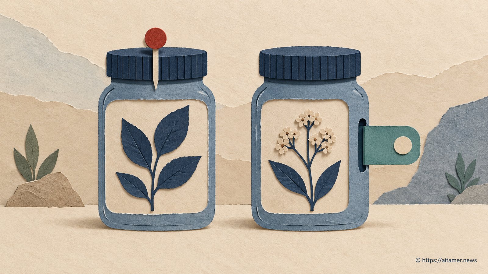 Two blue paper specimen jars sit side by side, one pinned in place and the other fitted with a sliding teal tab.