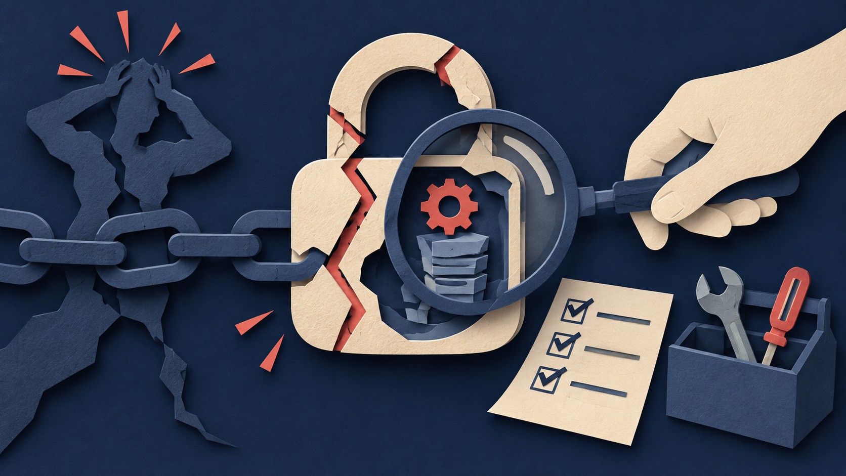 A cracked lock and a worried worker sit beside a magnifier and repair checklist.