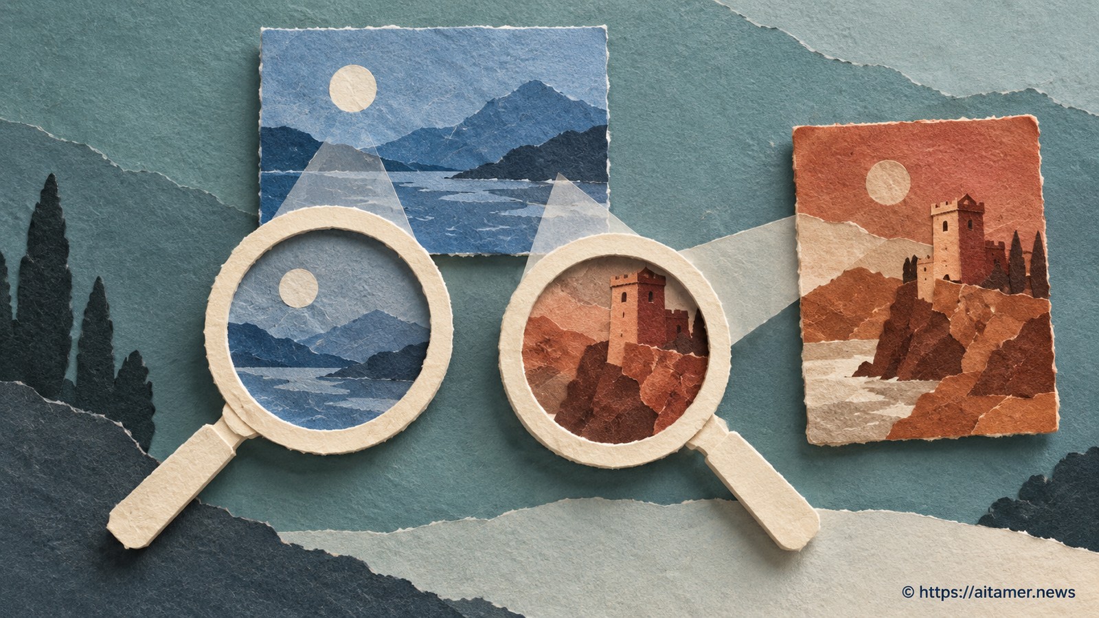 Two cream paper lenses inspect distinct blue and rust artifacts rather than merely matching another output.