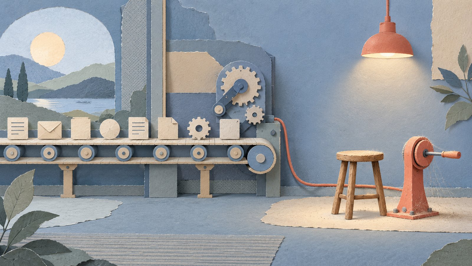 A calm paper-cut collage shows cream tasks moving along a blue conveyor while an empty stool and dusty coral hand-crank wait in a pool of lamplight.