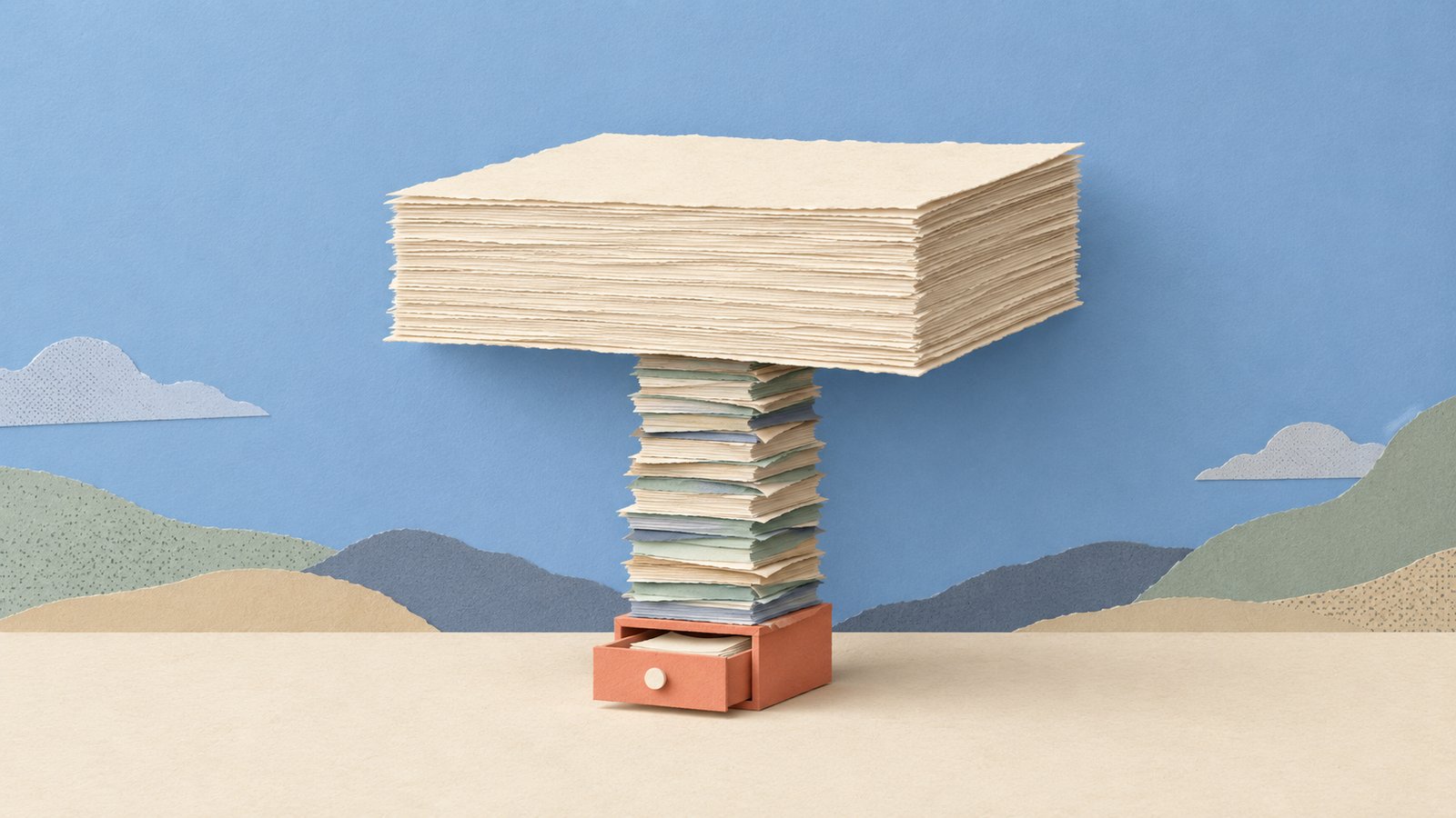 A cream paper ledger rests atop a tall stack of tiny sheets, with a coral drawer at the base, surrounded by quiet blue and sage space.