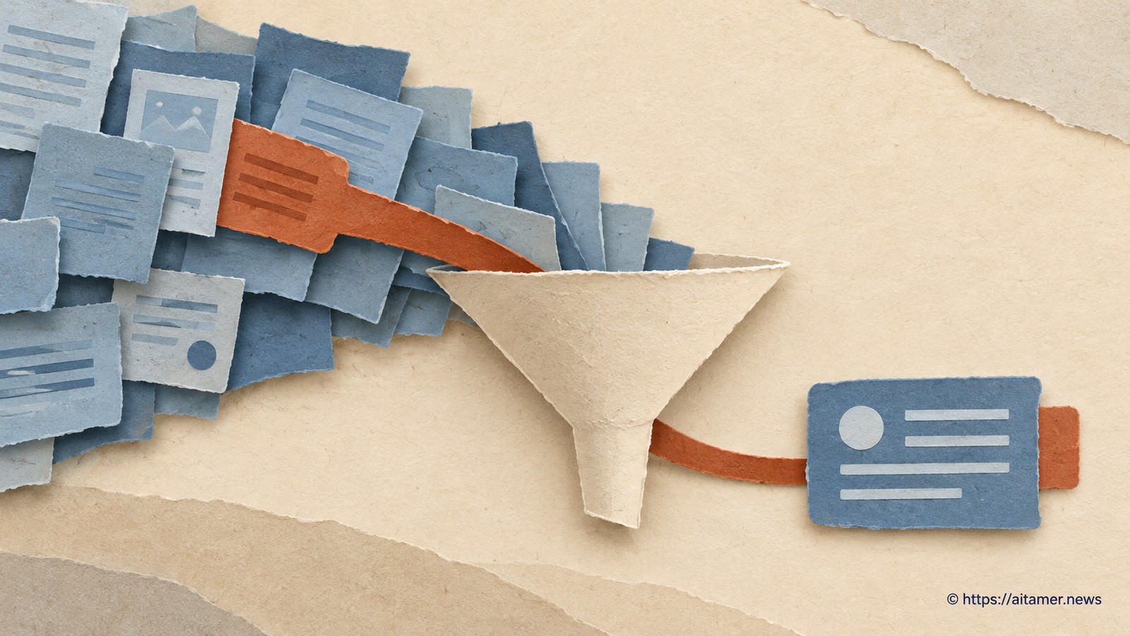 A broad set of blue source cards compresses through a cream funnel while a rust objection tab survives into the summary.
