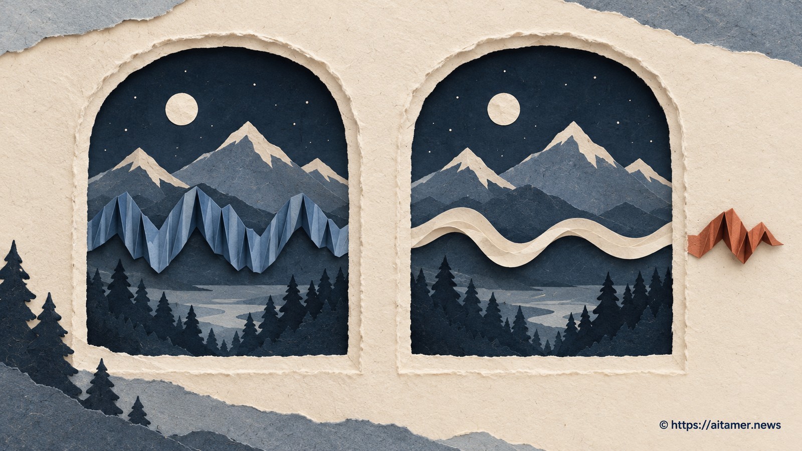 Two cream windows preserve a night mountain scene while a blue folded rhythm becomes a smooth cream ribbon, leaving a rust fold outside.