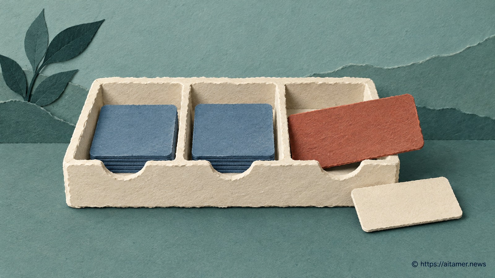 Two blue saved-card compartments remain intact while a too-wide rust card has a correctly sized cream replacement beside its slot.