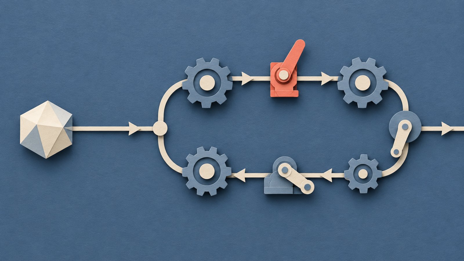 A paper-cut diagram: a small faceted shape sends a cream line into a loop of slate-blue gears and levers. A single coral latch at the midpoint stands ready to stop the flow, while another line exits the loop.