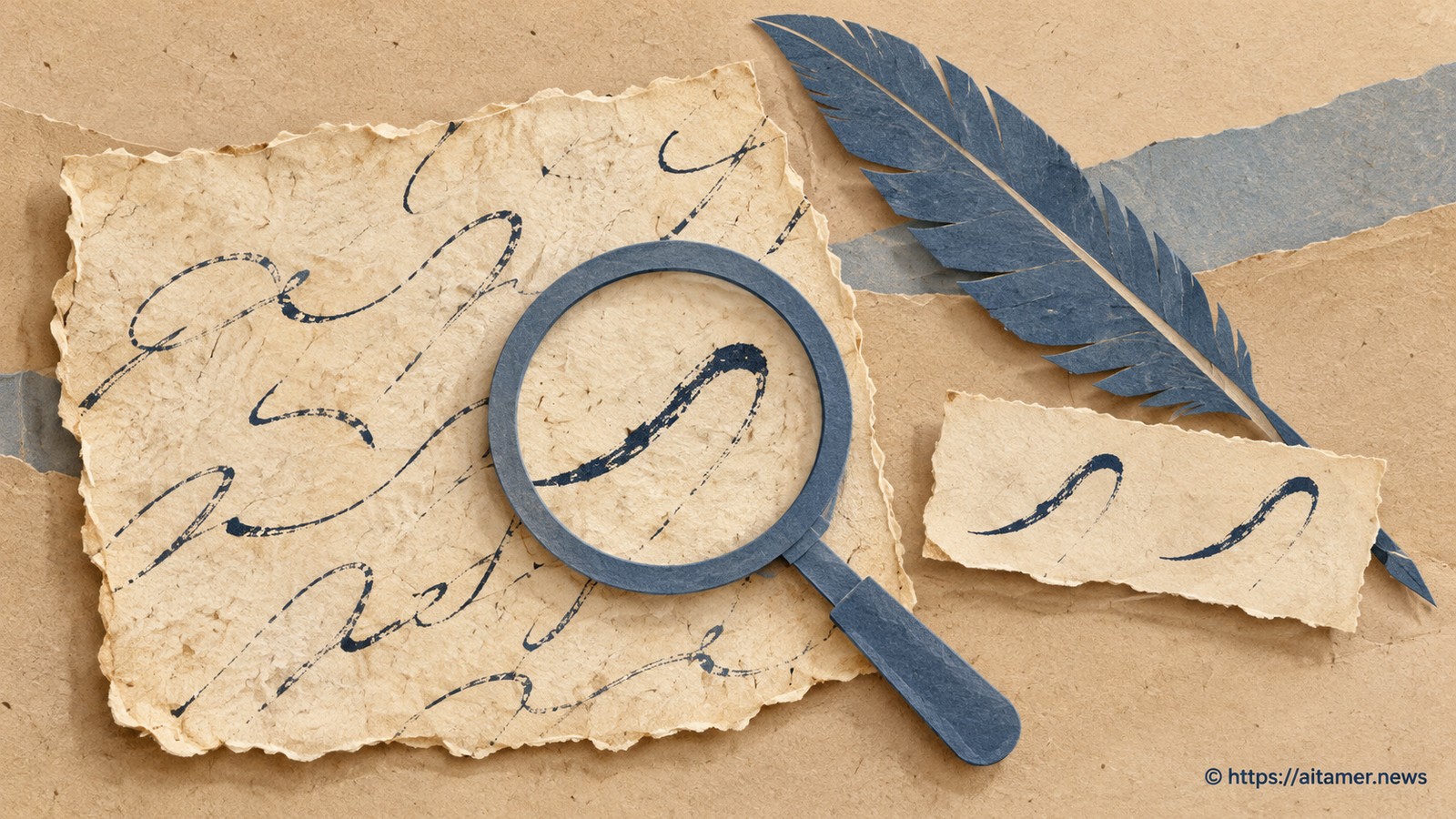 A blue paper magnifier compares ambiguous ink strokes on an aged cream fragment with matching stroke samples beside a quill.