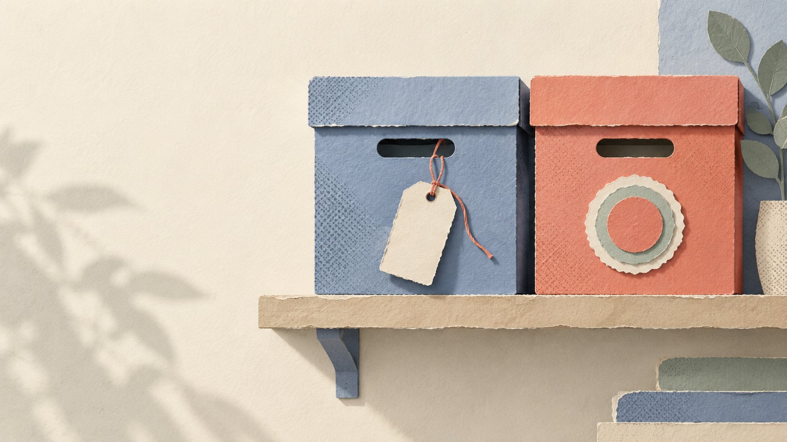 A quiet paper-cut collage contrasts a loose, movable tag with a fixed seal on two storage boxes.