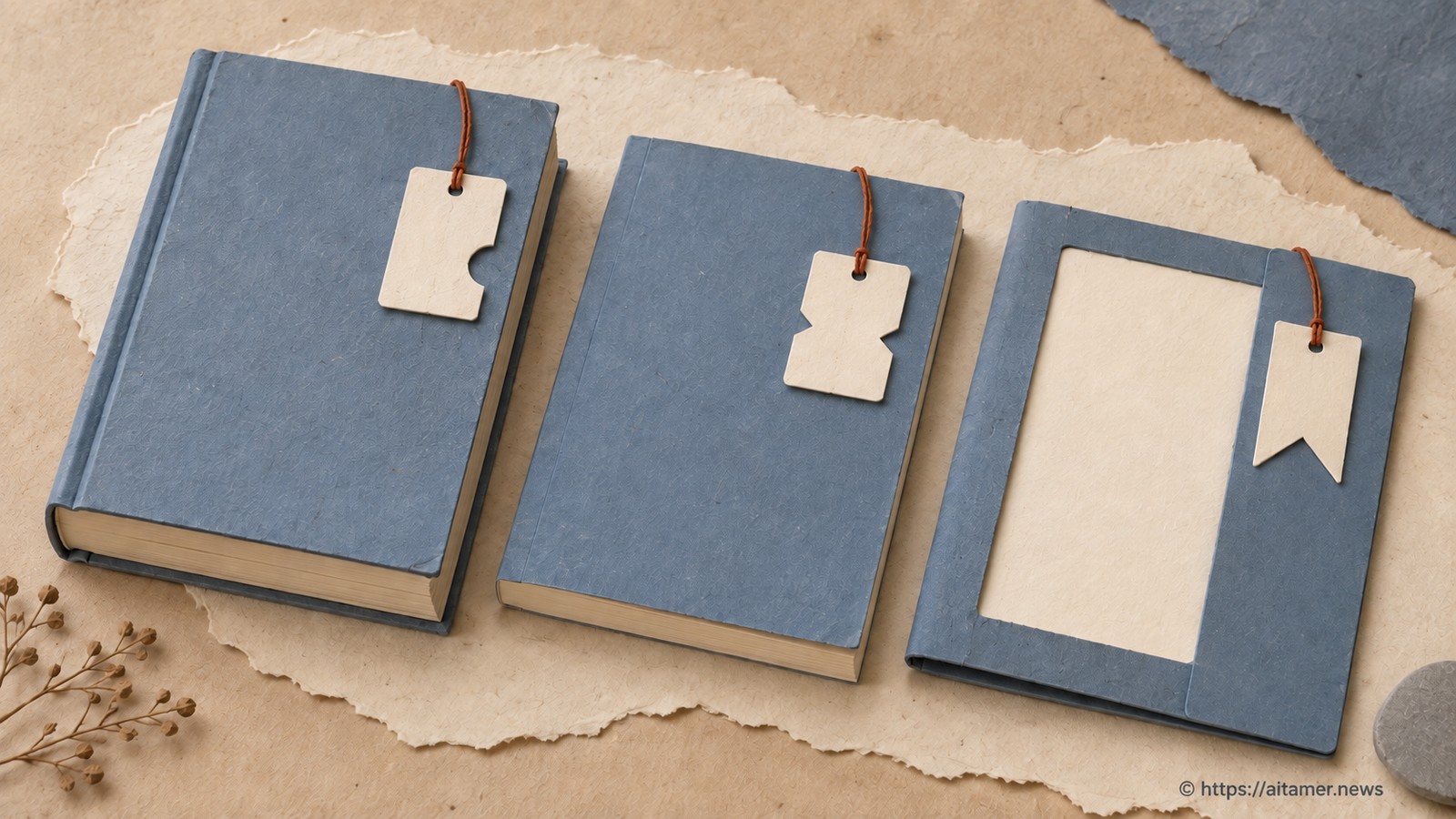 Three blue publication formats carry separately shaped paper identification tags.