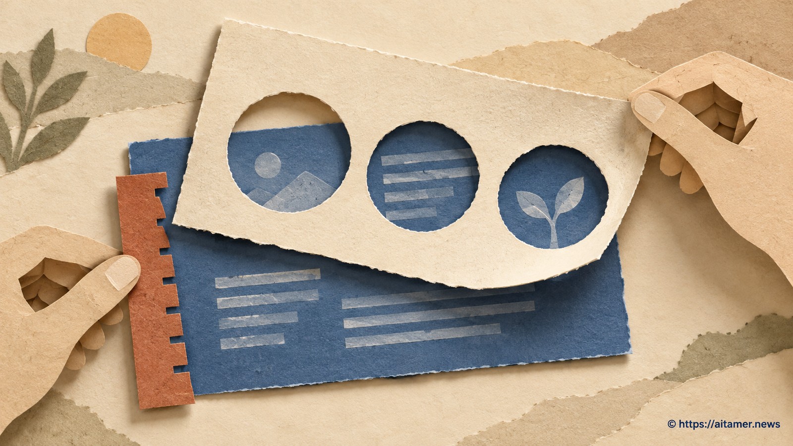 A cream assessment stencil exposes selected features of blue student work while paper hands inspect the stencil and a rust measuring strip.