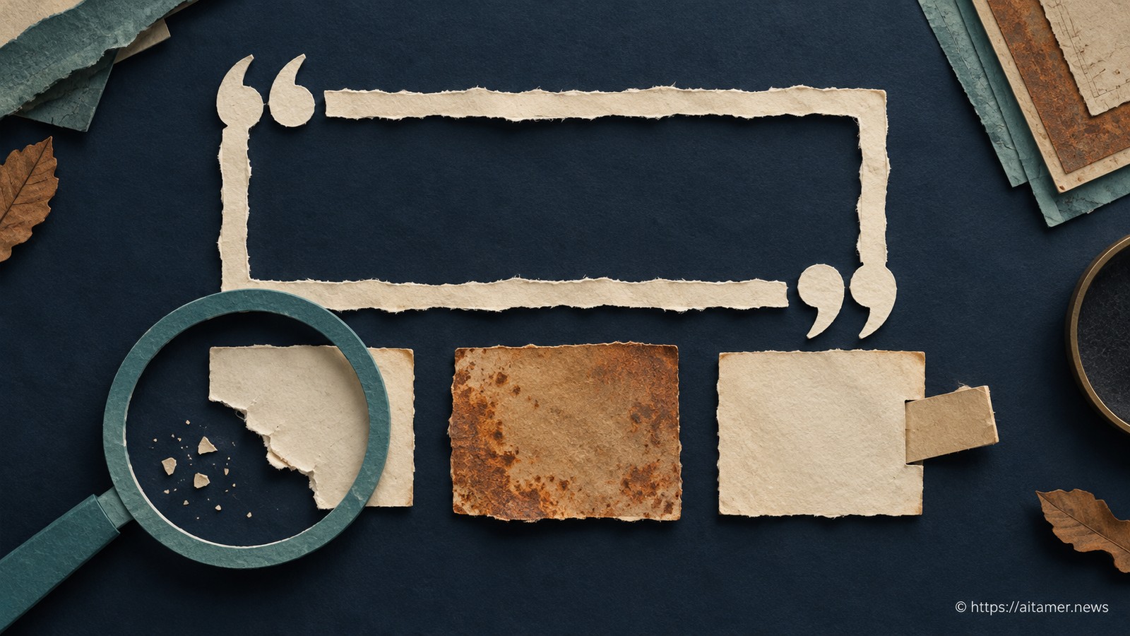 A paper magnifying lens examines distinct damaged and mismatched evidence fragments beneath an empty quotation frame.