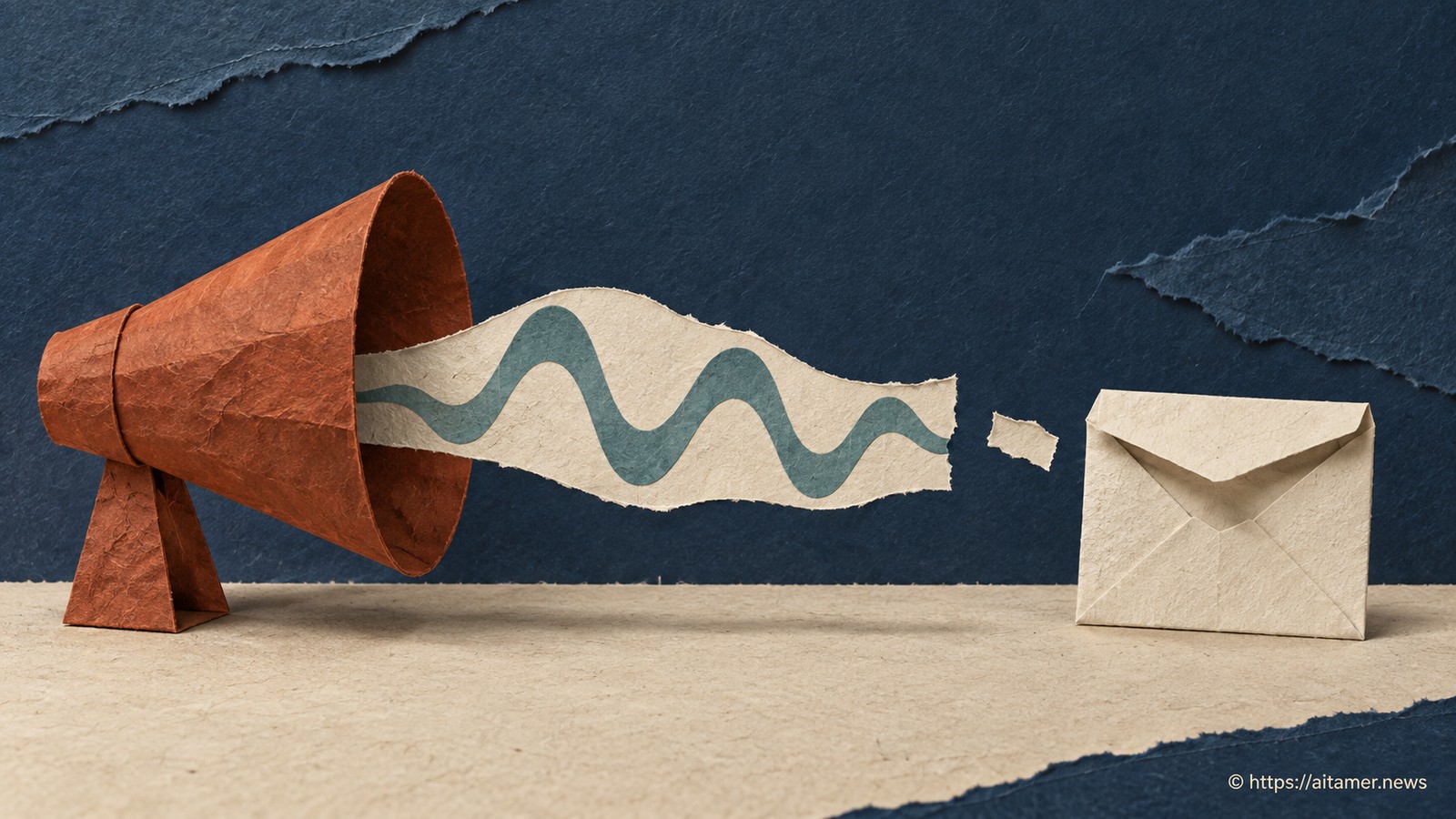 A paper horn's spoken ribbon tears off before reaching an envelope with an untucked flap.