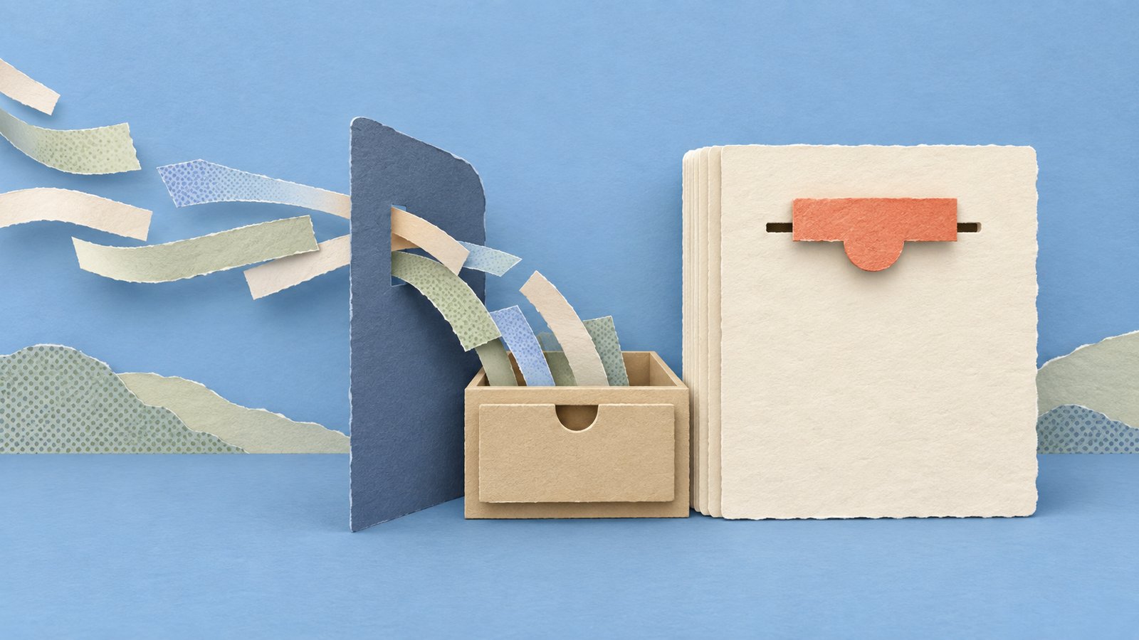 A quiet paper-cut scene shows sensitive paper strips diverted into a closed drawer before reaching a cream ledger.