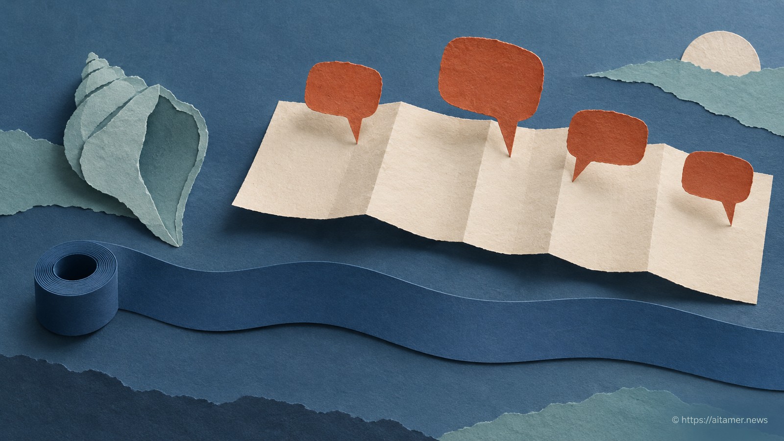 Blank rust speech tabs on a cream transcript contrast with a smooth quiet blue audio ribbon.