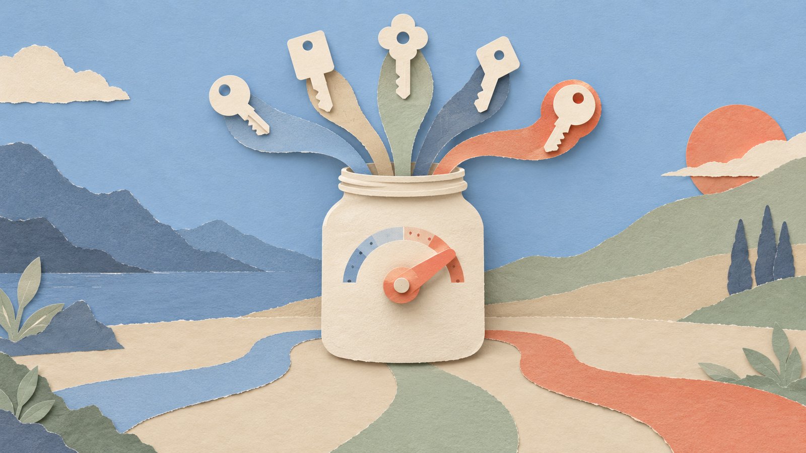 A calm paper-cut collage of a cream jar branching into paper-key paths, with a coral dial shifting the odds.