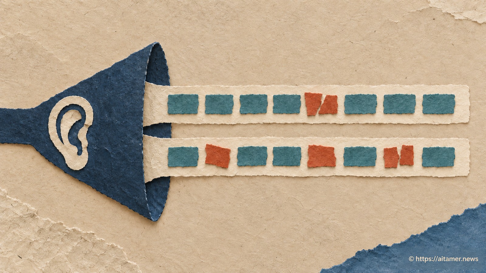 Two equal paper transcription lanes show different numbers of torn or misaligned error tiles from one listening funnel.