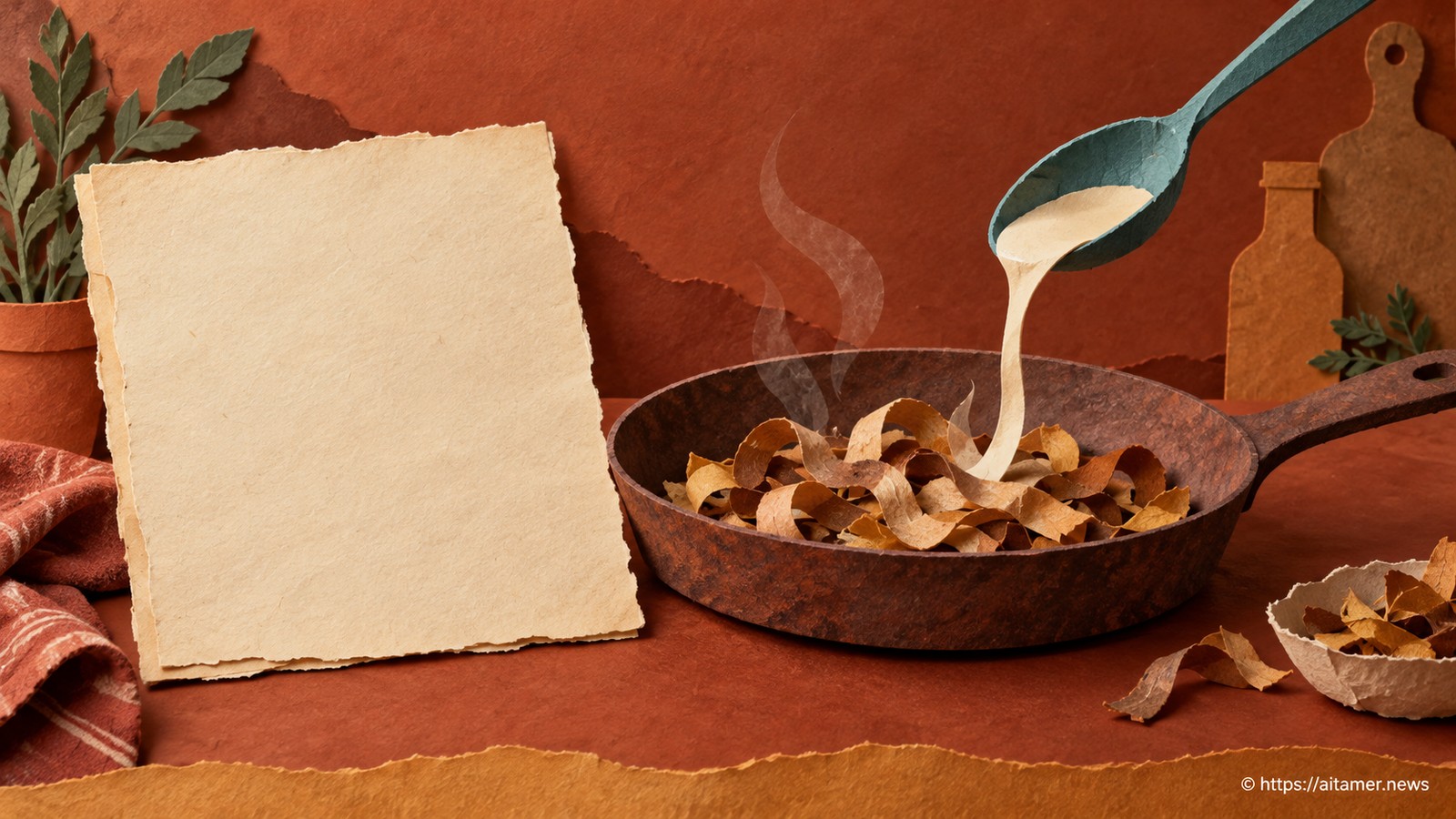 A blank old cream paper recipe sits beside a shallow rust pan holding brown paper curls at differing shades, and a small teal paper spoon adds a thin cream stock ribbon gradually. Sensory browning and sequence without invented clock or temperature. No readable writing, numbers, timers, oven dials.