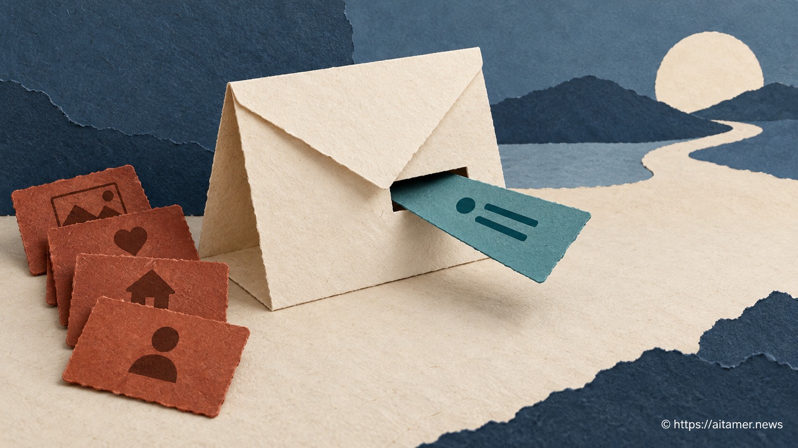 A folded cream paper envelope sends only one necessary teal task card through a small open slot, while several rust private-detail cards remain safely on the near side. Deliberate data minimization before sending, no padlock or promise of perfect security, quiet paper desk.