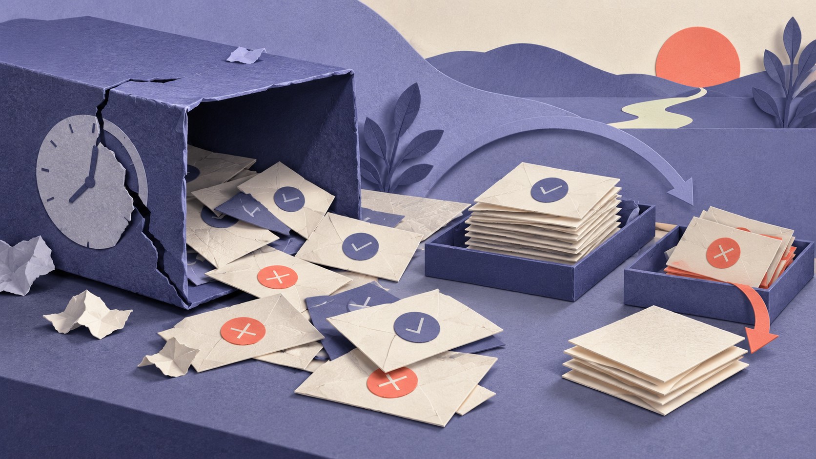 Envelopes spill from a broken clock box into separate checked and crossed trays, with a retry path.