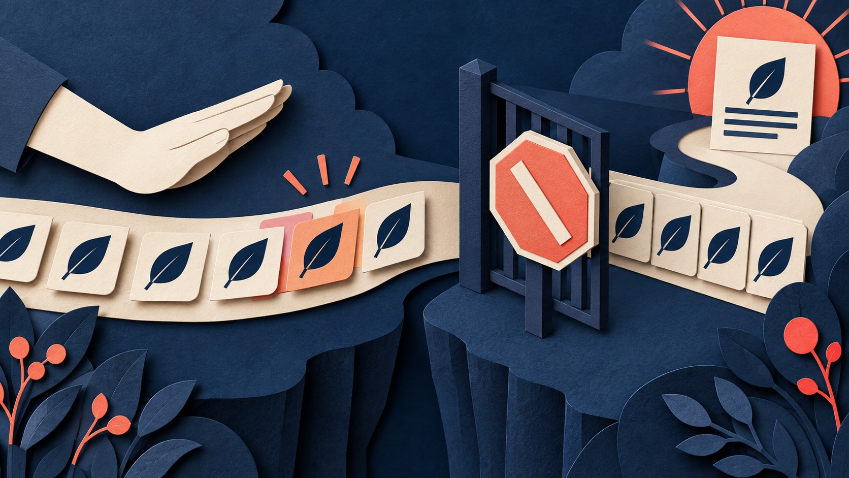 Repeated leaf cards approach a gate marked with a stop symbol.