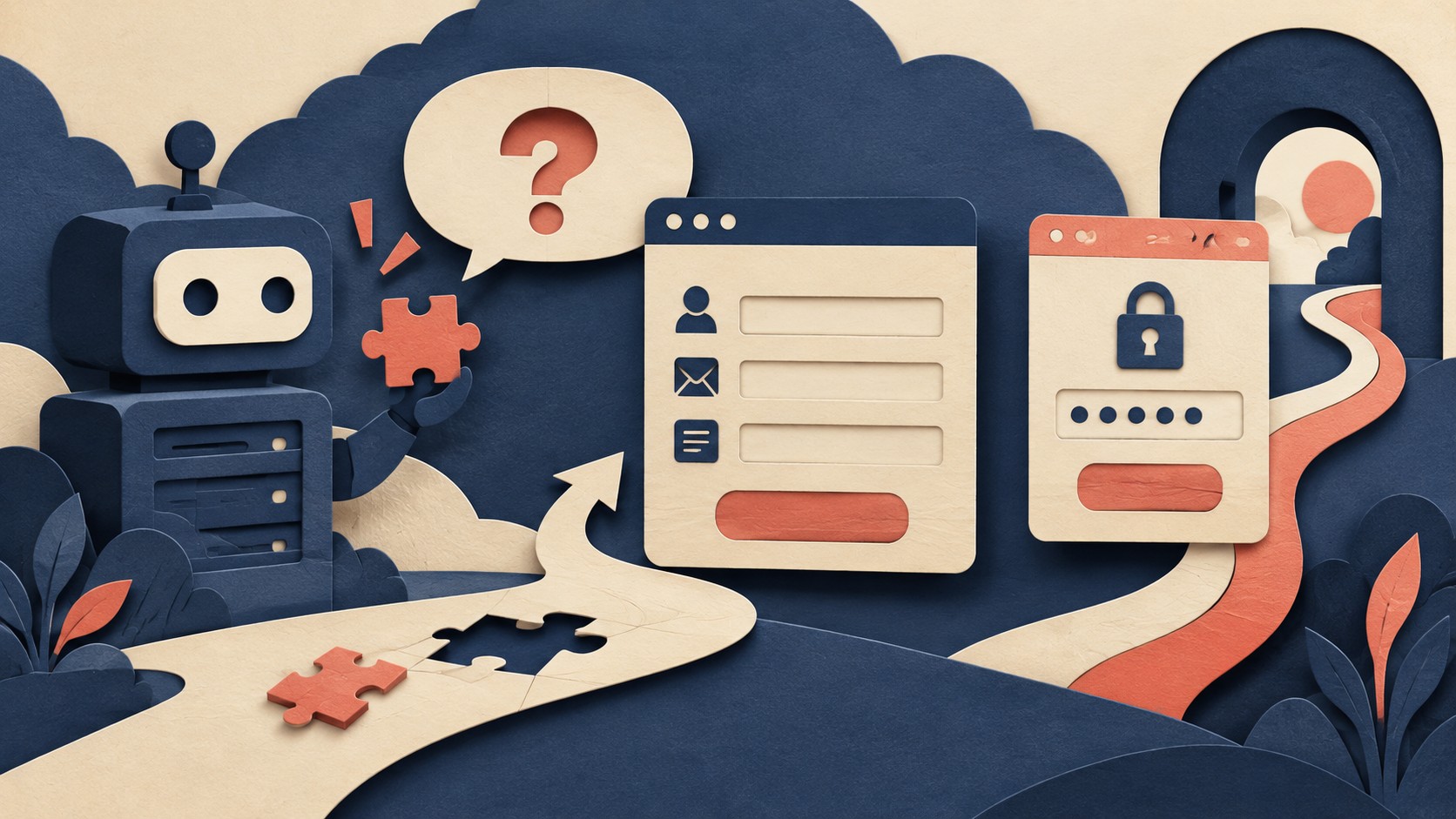 A robot holds a puzzle piece beside a question bubble and an unfinished permission form.