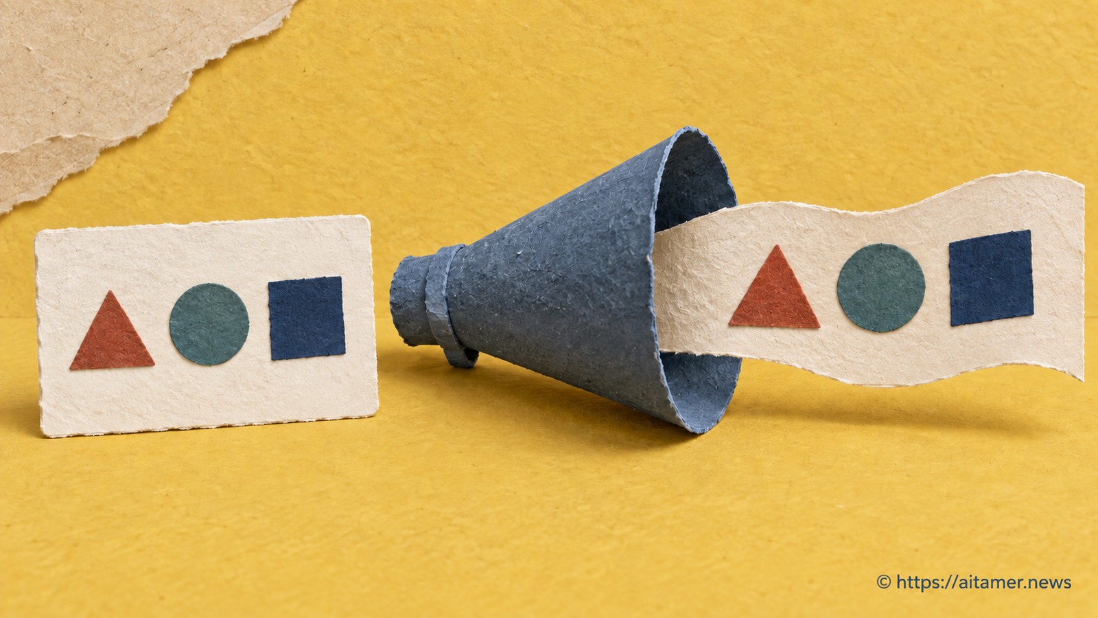 A paper speaking horn repeats the same rust triangle, teal circle, and navy square shown on its input card.
