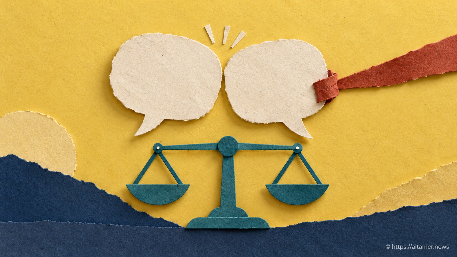 Two cream paper speech shapes lean toward each other as if quickly agreeing, but a small sturdy teal evidence scale beneath them remains level despite a rust preference ribbon tugging at one speech shape. Facts should not change with a user's preferred answer. No yes/no glyphs, no printed words.
