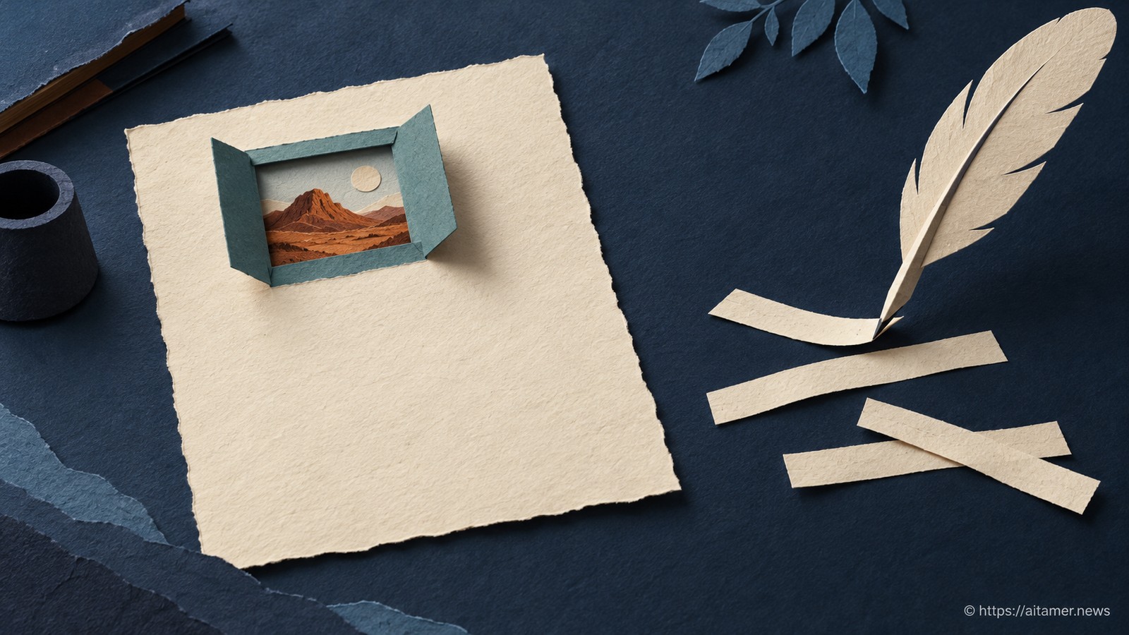 A cream paper letter lies on a navy desk with a small teal folded witness-window holding a distinct rust observed event, while a blank paper quill merely rearranges loose cream strips beside the letter. A letter's authority comes from observation, not fluent drafting. No signature or text.