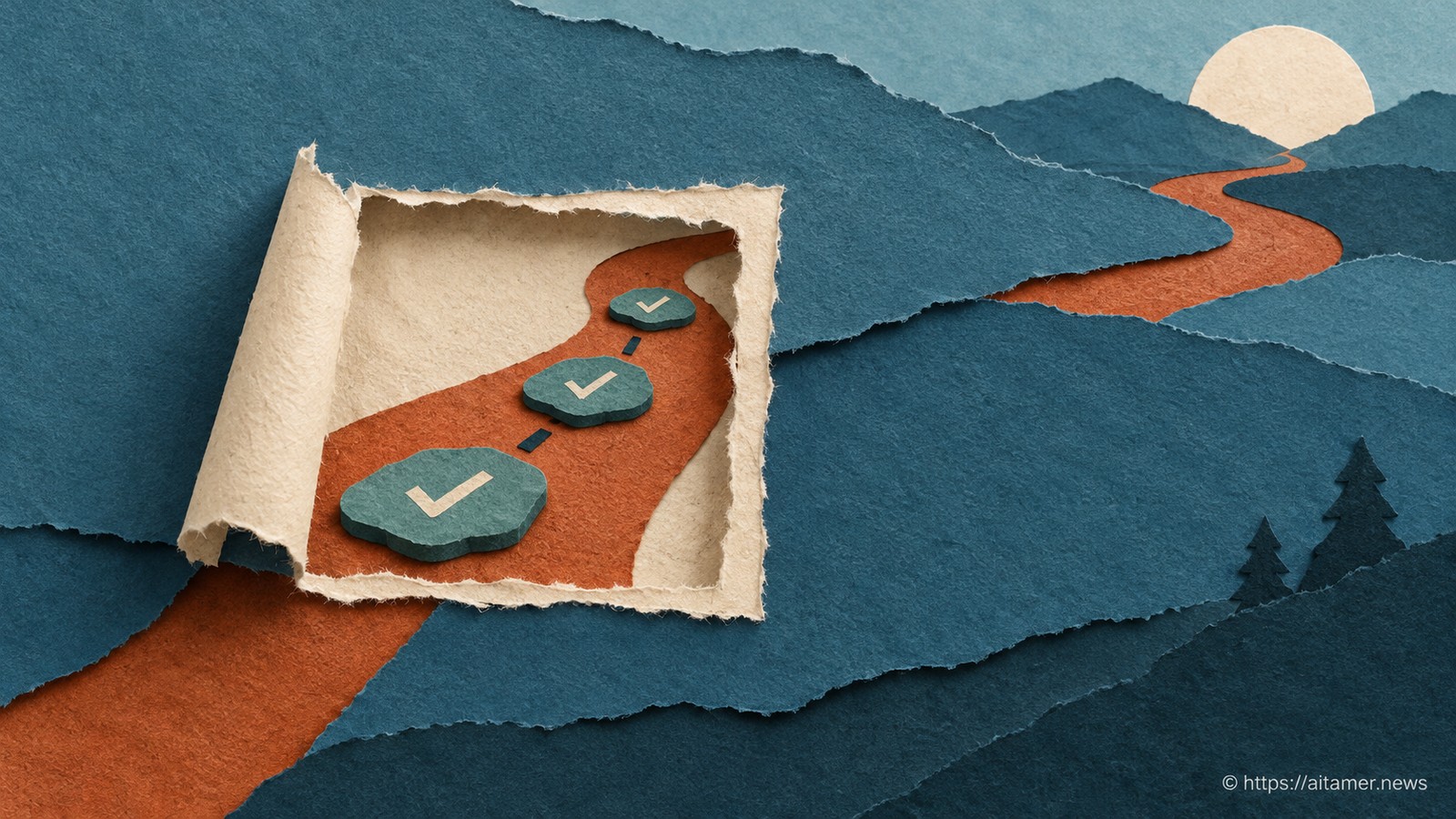 A cream inspection window exposes teal stepping stones along part of a rust path beneath layered blue paper hills.