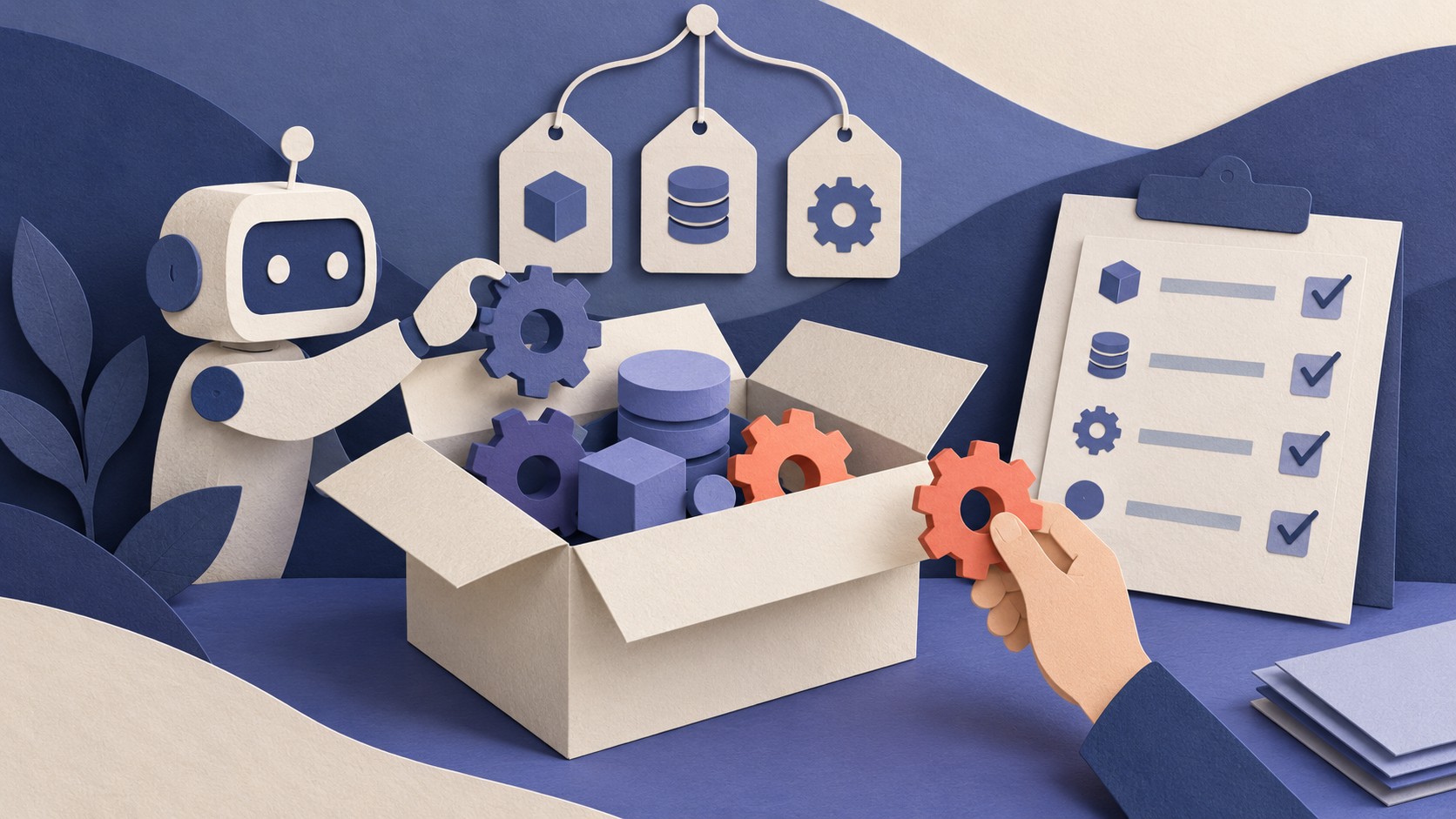 A paper robot groups gears and other parts into one box beside a checklist.