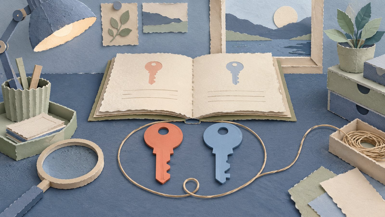 A cream paper ledger compares two nearly identical paper keys with subtly different notches, linked by a looping thread on a calm blue worktable.