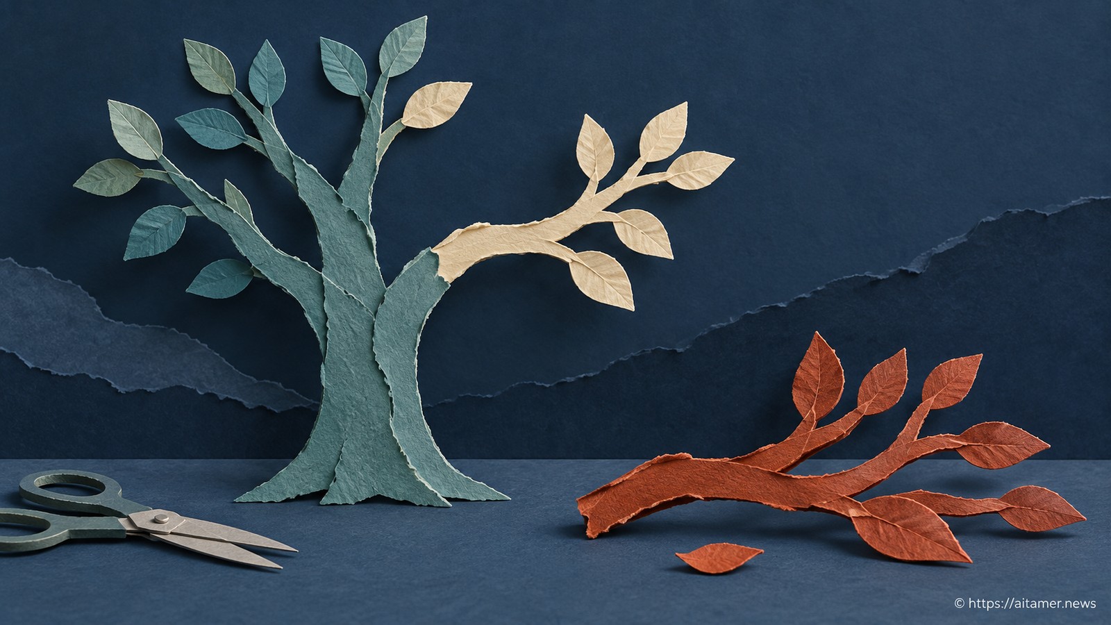 A teal paper tree incorporates a cream branch while a separate rust branch rests beside paper shears.