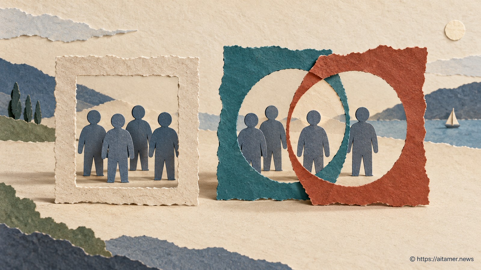 Paper figures appear through one cream frame and through overlapping teal and rust category frames.