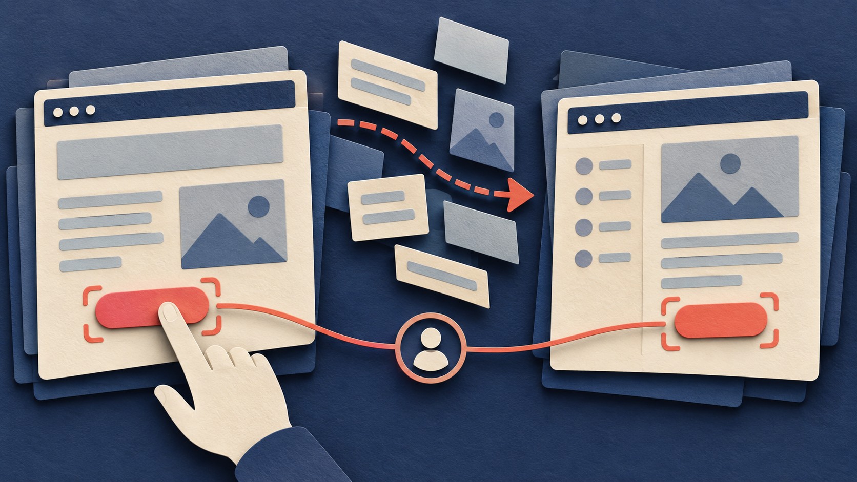 A highlighted web button moves between page layouts while a locator keeps pointing to it.