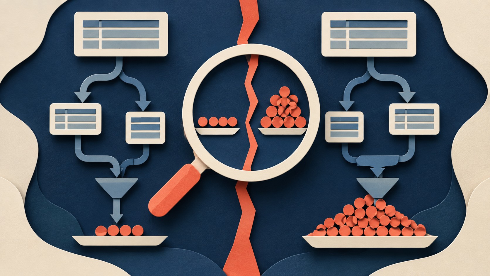 A magnifier compares an estimated small result with a much larger query result.