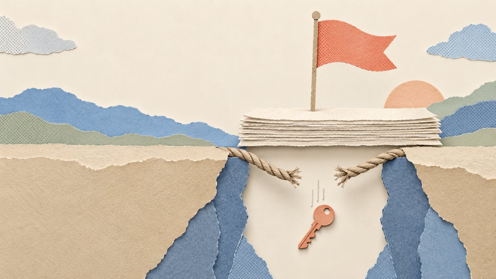 A paper rope snaps beneath a ledger topped by a coral flag, while a paper key falls into the gap below.