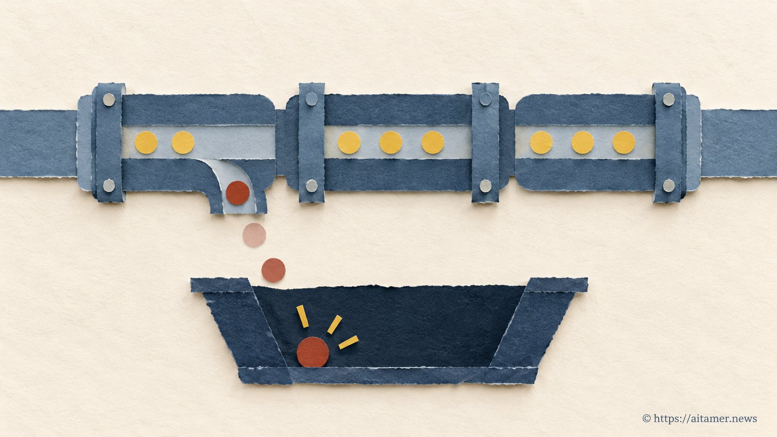 Layered paper pipes carry a small red failure bead past a bypass, while a dark basin beneath catches it.