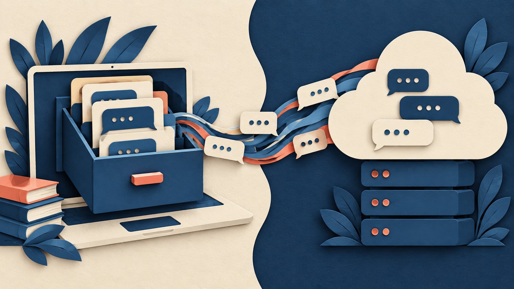 Chat messages flow from a laptop drawer toward a cloud server.
