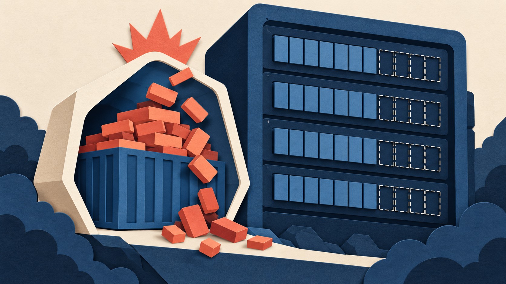 A container overflows with memory blocks beside a server with unused capacity.