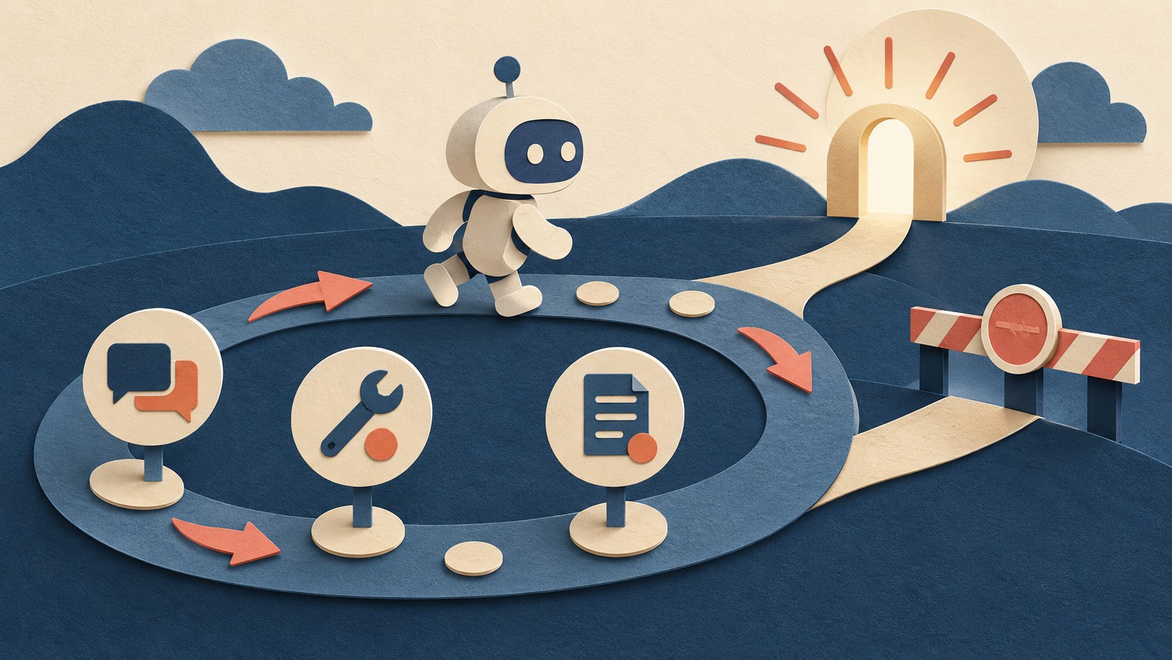 A paper robot follows a circular path of conversation and tool signs toward a stopping barrier.