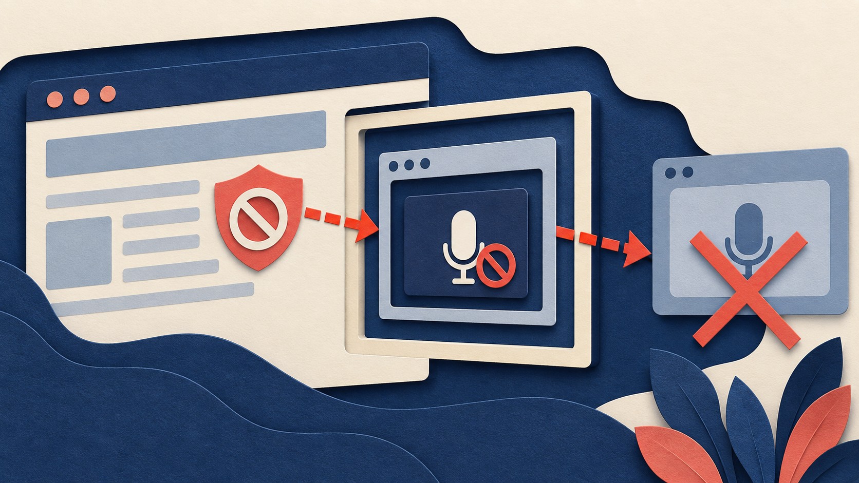 A blocked microphone symbol appears inside an embedded browser panel.