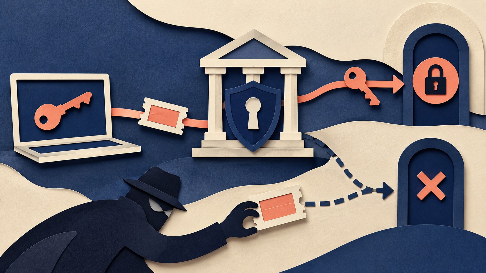 A laptop sends a token toward a protected service while a stolen token takes a blocked route.