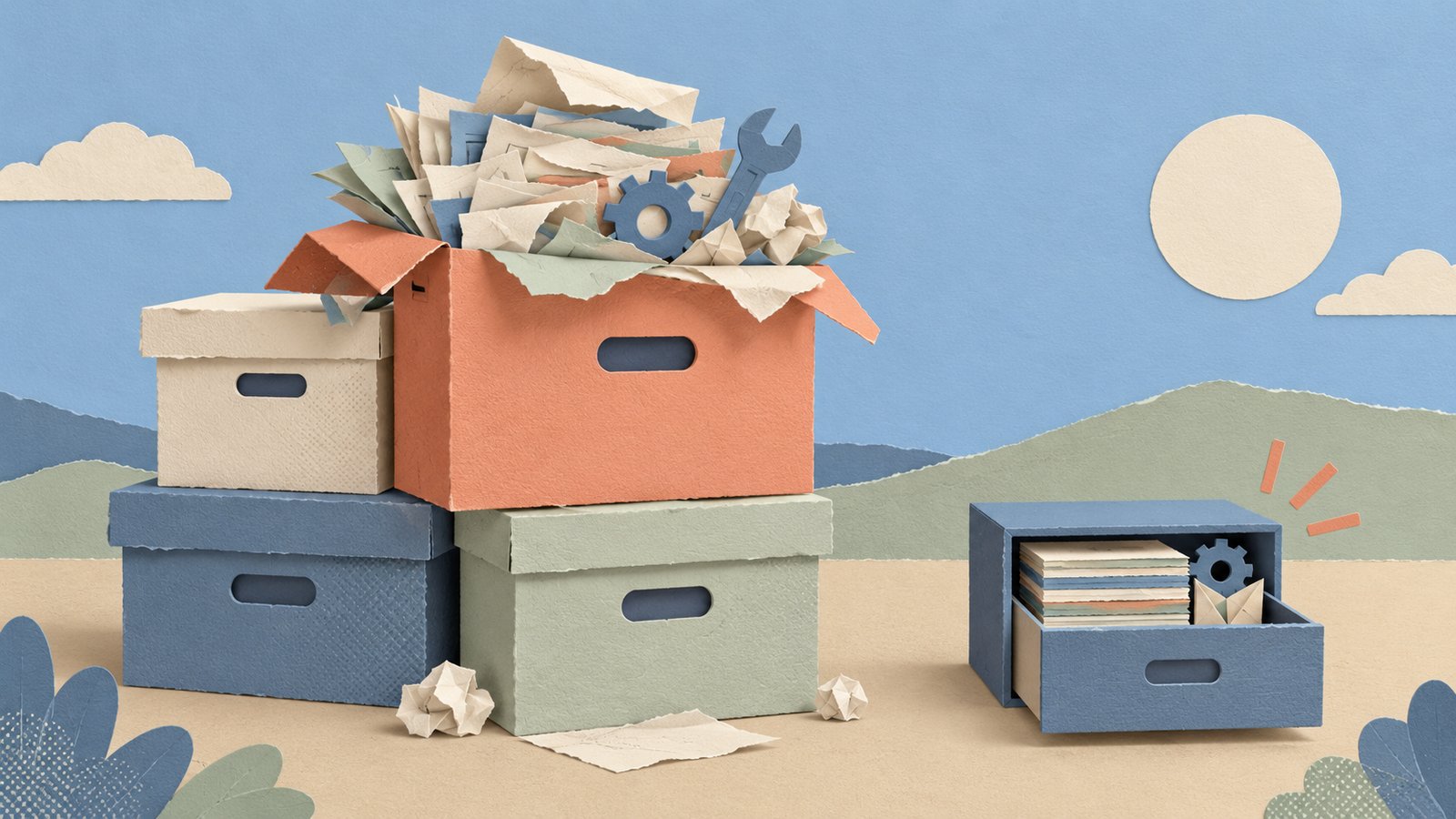 A calm paper-cut collage of an overflowing storage box beside a neatly compressed paper stack.