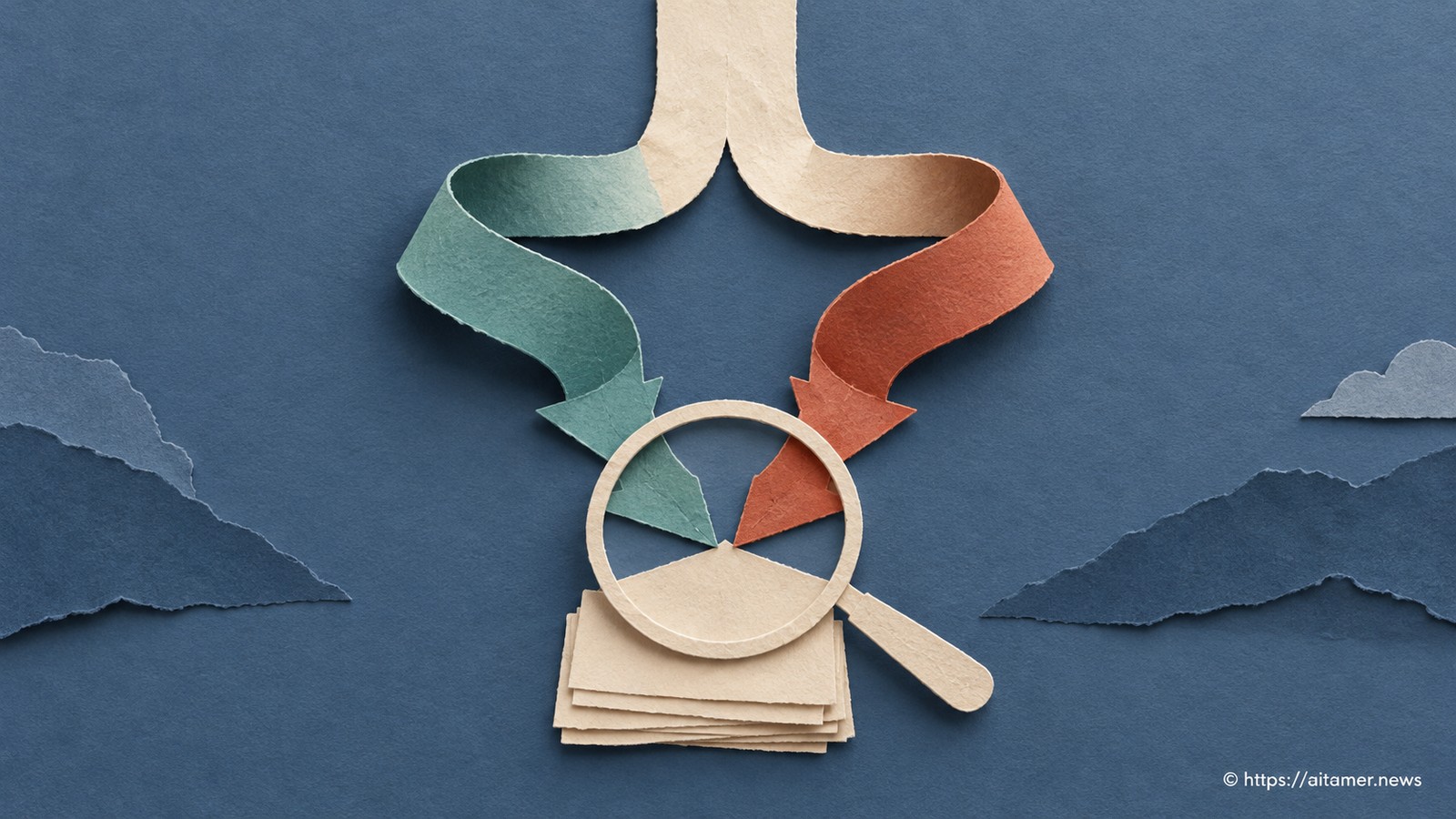One cream ribbon splits into teal and rust answer routes, both examined against paper source cards under a magnifying frame.