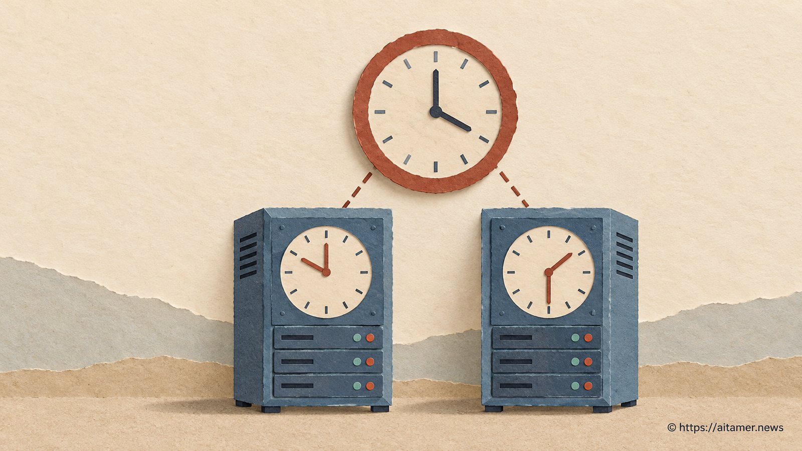 Two blue paper server cabinets have numberless clocks showing different times beneath a shared reference clock.