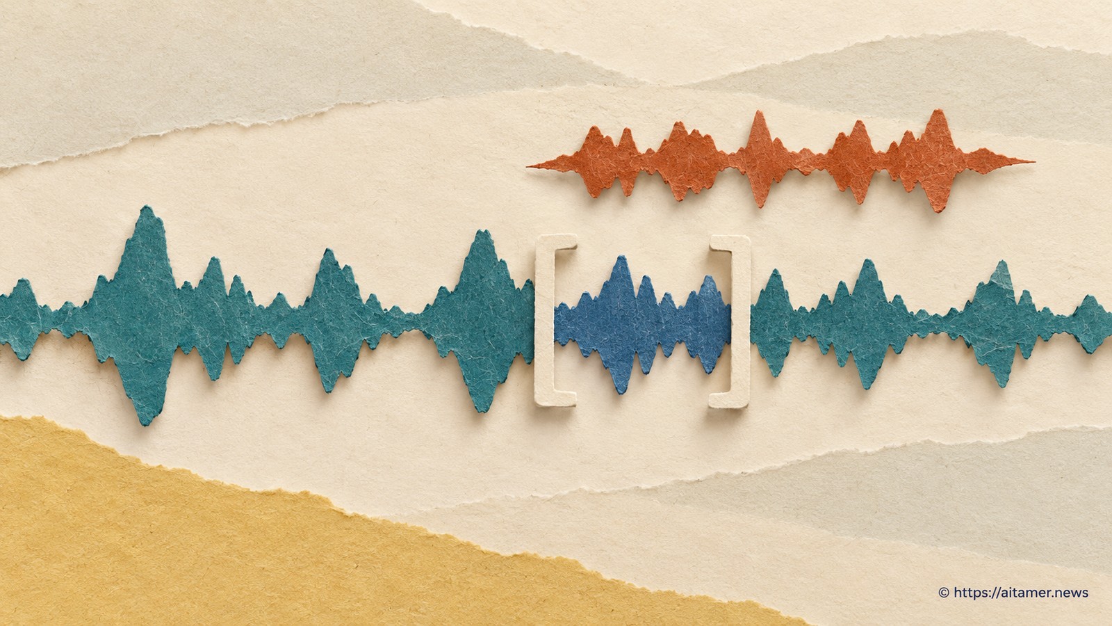 A teal waveform ribbon has movable cream boundary clips around one segment, with a separate rust ribbon segmented differently.