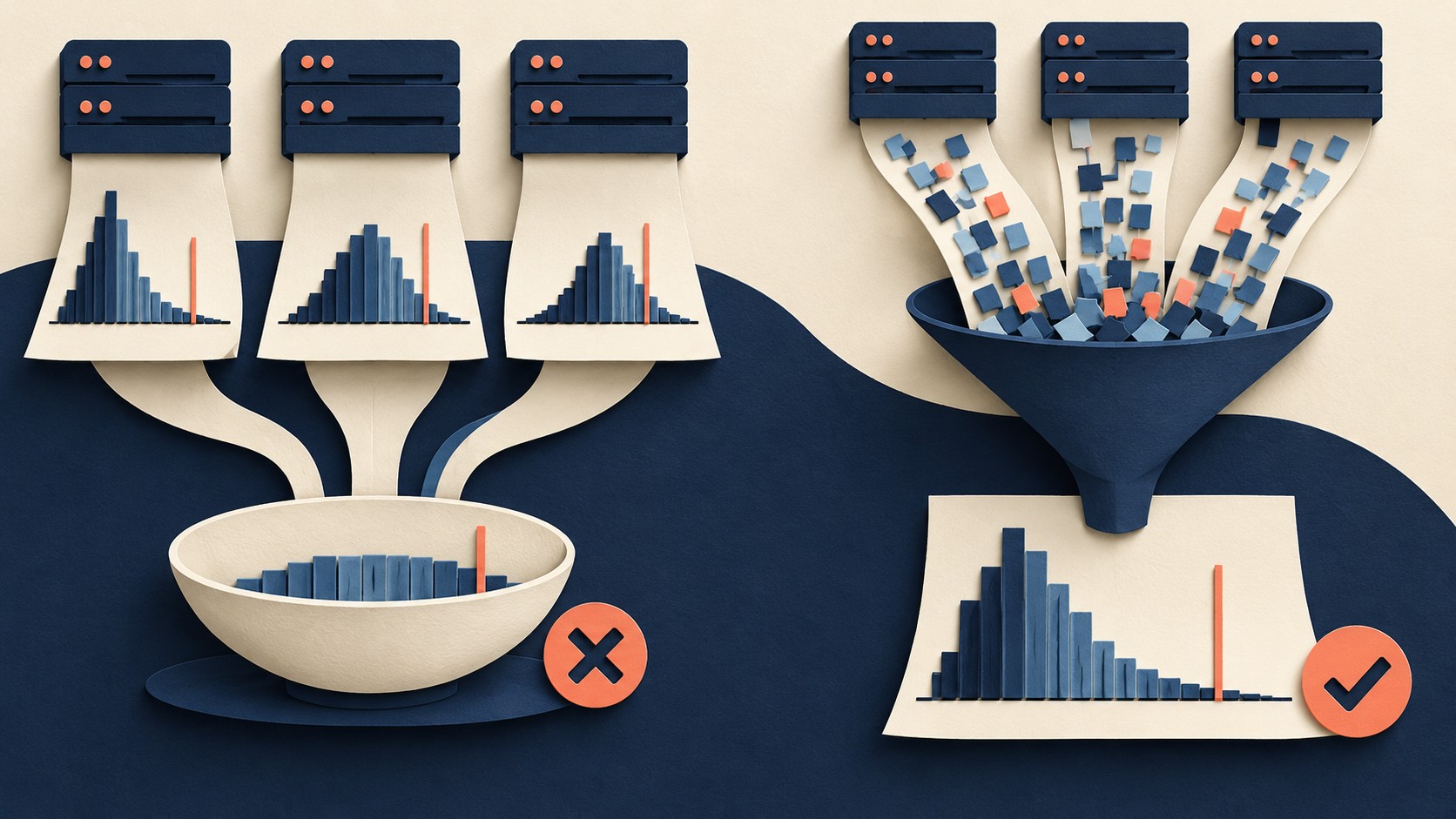 Separate latency histograms feed a misleading average beside a combined distribution.