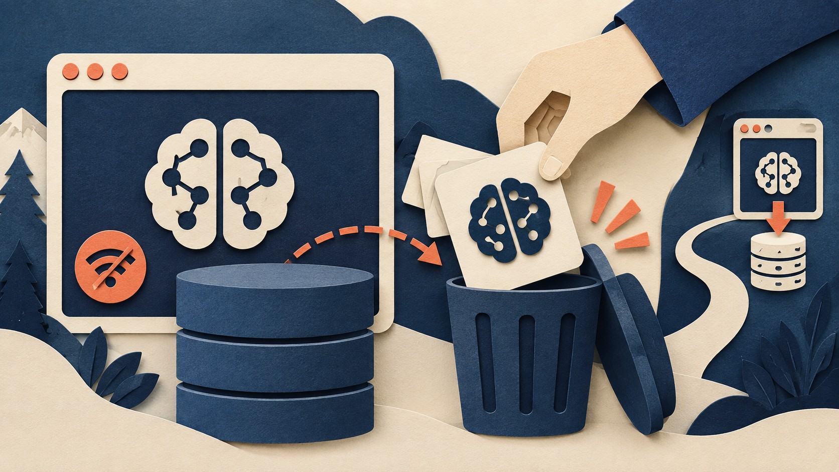 A hand drops a local AI model card into a trash bin beside browser storage.